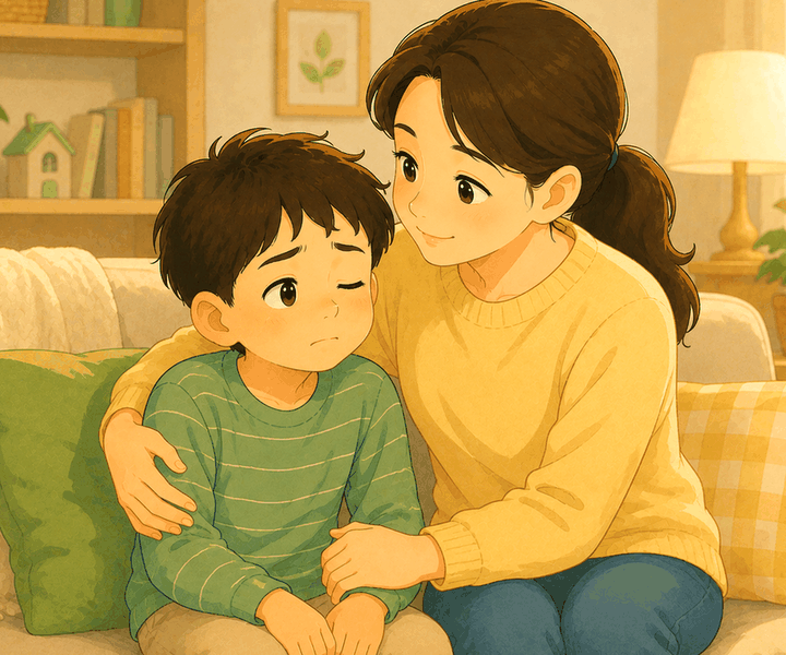 수원 소아틱장애 – 거실 소파에서 엄마가 아이를 팔로 감싸 안고 다독이는 모습