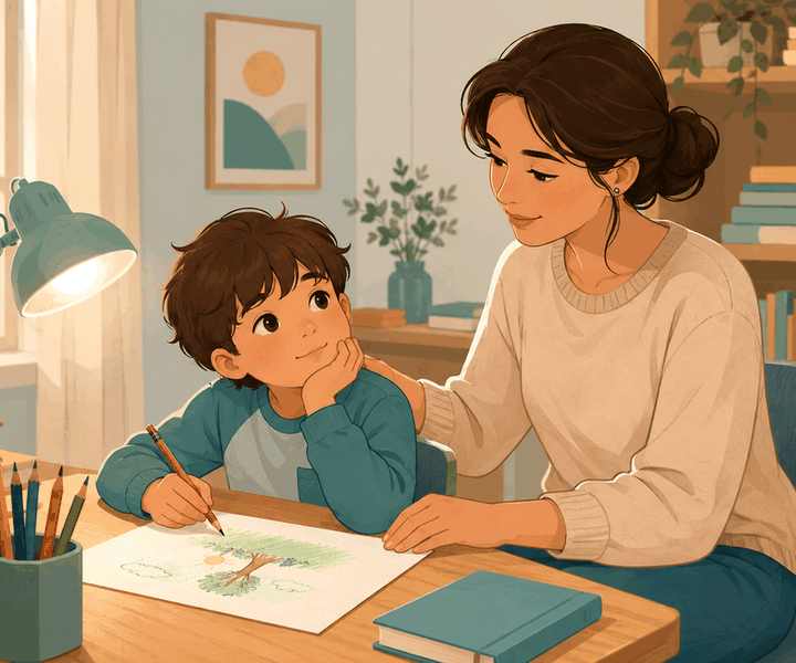 수원 소아 ADHD – 그림 그리는 아이를 곁에서 돕는 엄마