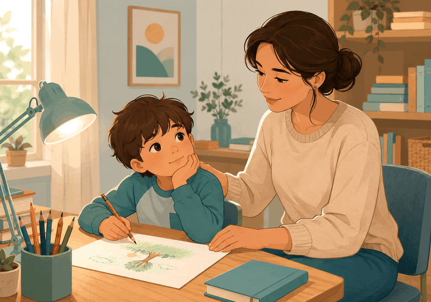 수원 소아 ADHD – 그림 그리는 아이를 곁에서 돕는 엄마