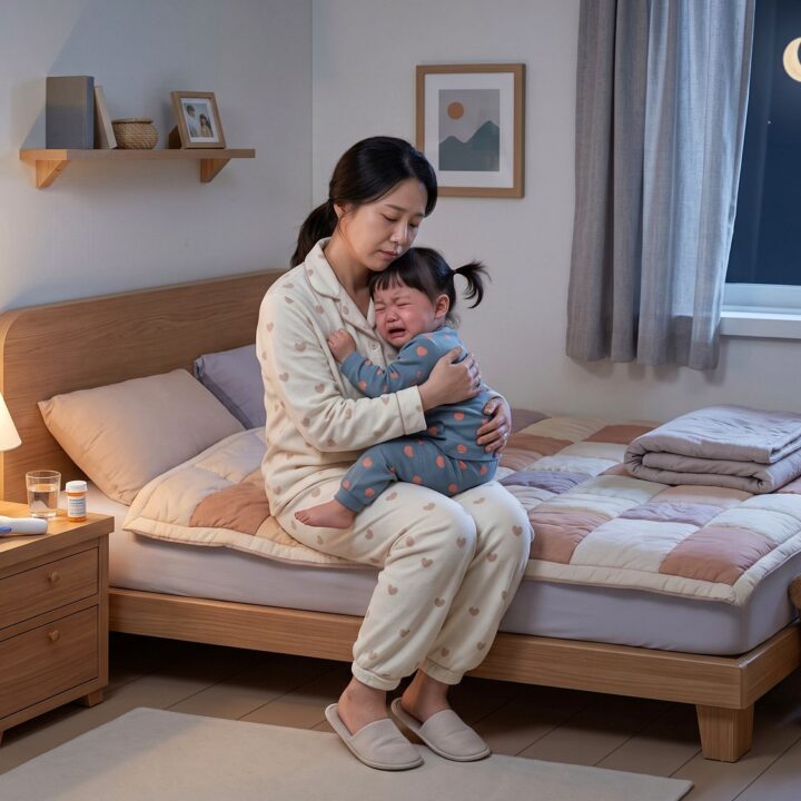 수원 야제증 – 밤 침대에서 우는 아이를 안고 달래는 엄마
