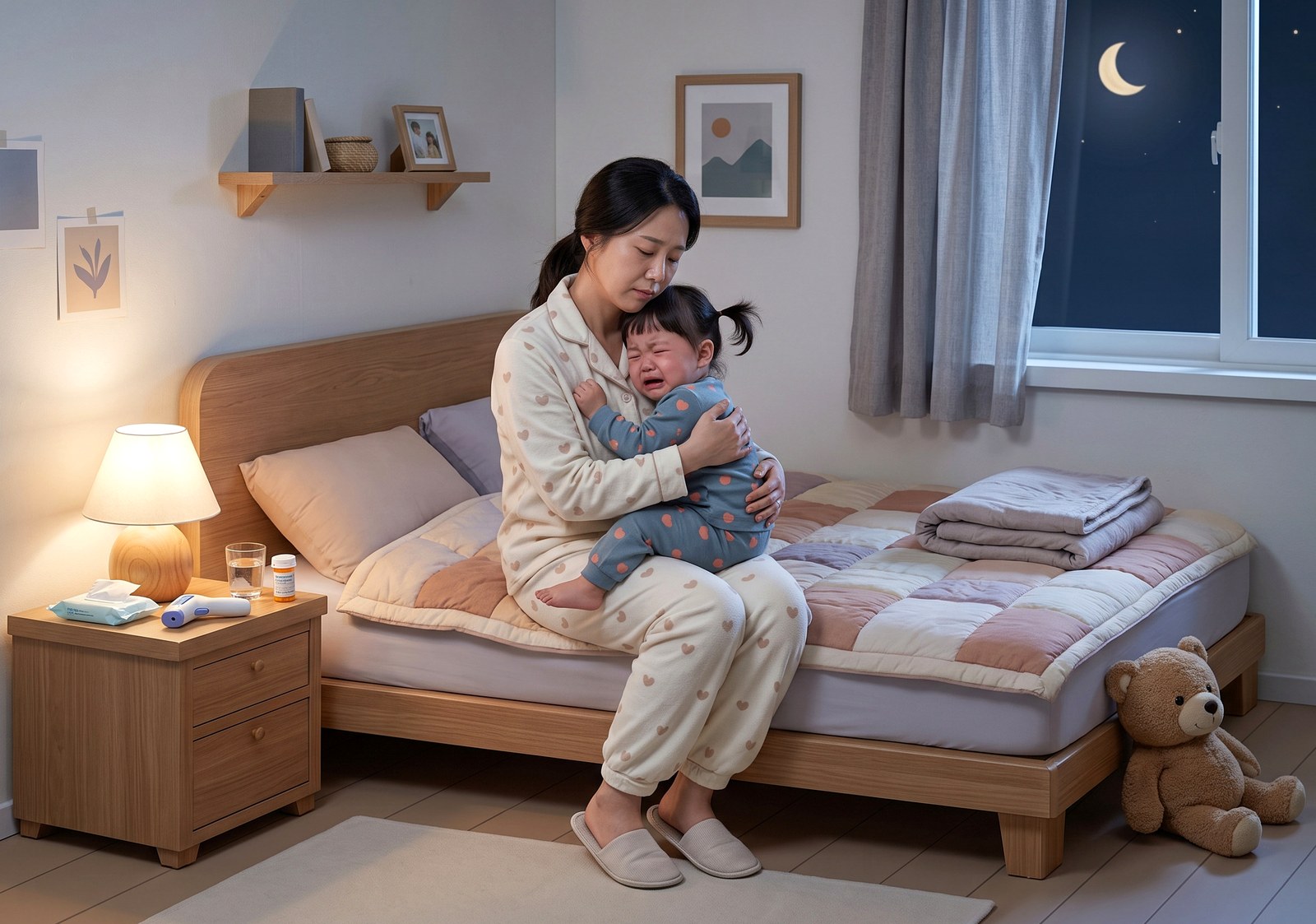 수원 야제증 – 밤 침대에서 우는 아이를 안고 달래는 엄마