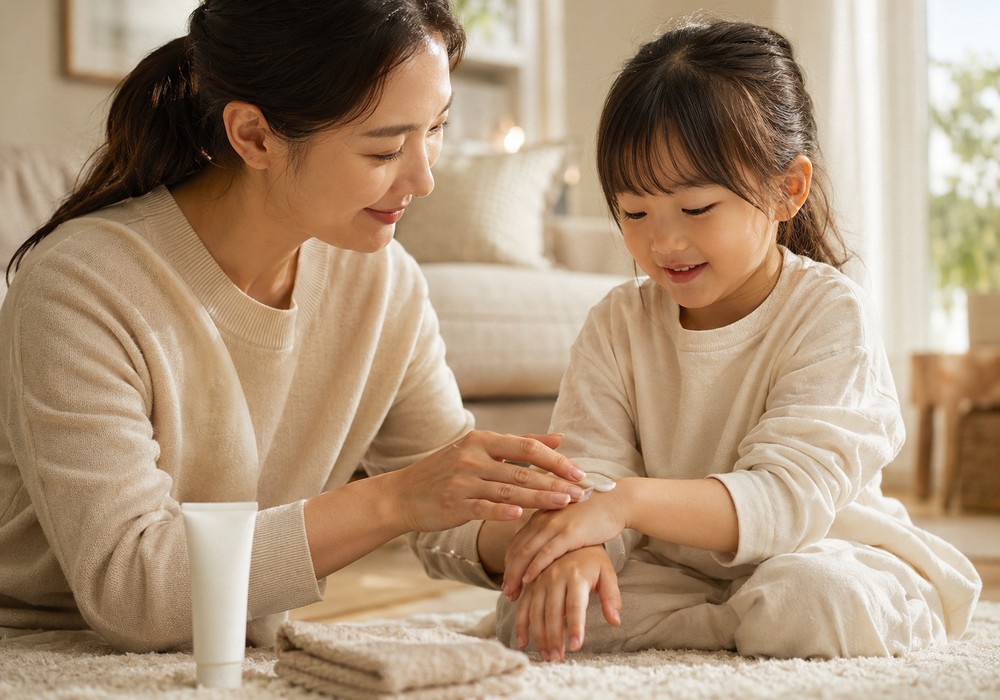 수원 아이누리한의원에서 소아아토피 관리를 위해 엄마가 아이 팔에 보습크림을 발라주는 모습