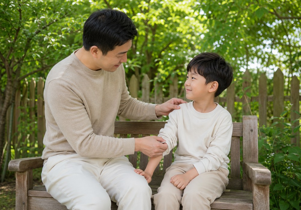 수원 아이누리한의원에서 소아아토피 아이의 옷매무새를 정원에서 아빠가 정리해주는 모습