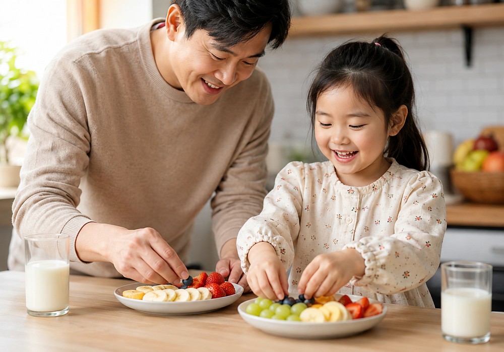 식탁에서 과일과 우유를 함께 먹는 아빠와 아이