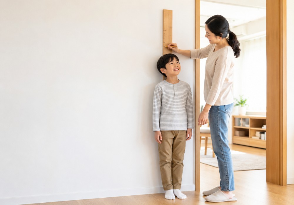 수원 키성장 — 벽 옆에서 나무 신장자로 아이 키를 재 주는 엄마