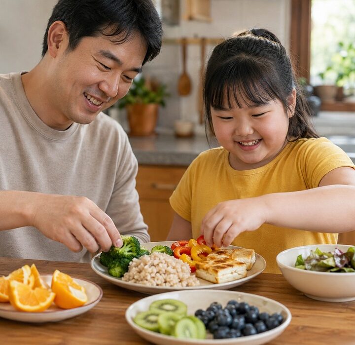 주방 식탁에서 노란 티셔츠를 입은 여자아이와 베이지 상의 아빠가 채소·과일이 담긴 건강한 식사를 함께 준비하는 모습