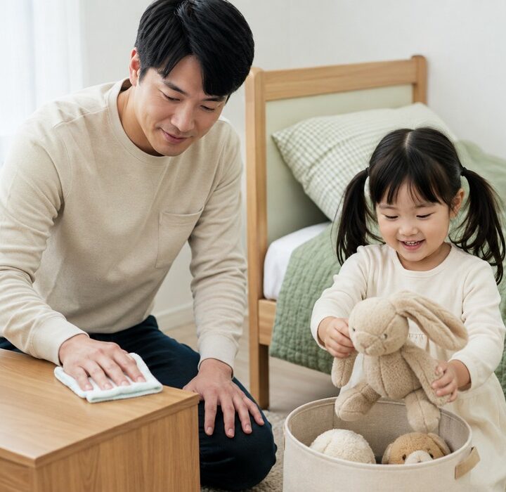 실에서 아빠가 협탁을 걸레로 닦고 양갈래 여자아이가 토끼 인형을 바구니에 정리하는 모습