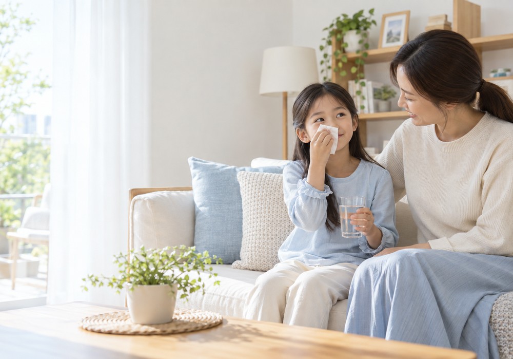 수원 축농증한약 — 아이의 코 상태와 콧물 단계를 살피는 한방 진료 모습