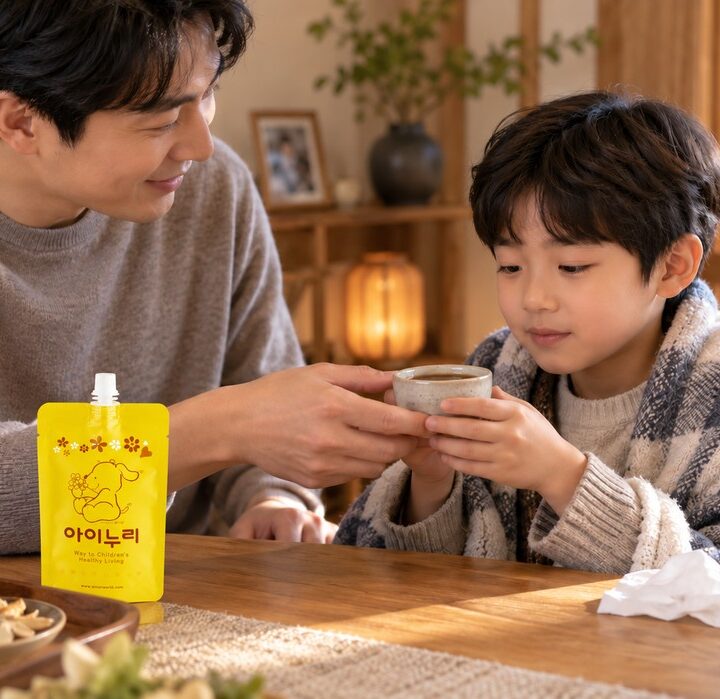 수원 축농증 – 아빠가 남자아이에게 한약이 담긴 잔을 건네는 온돌방 식탁