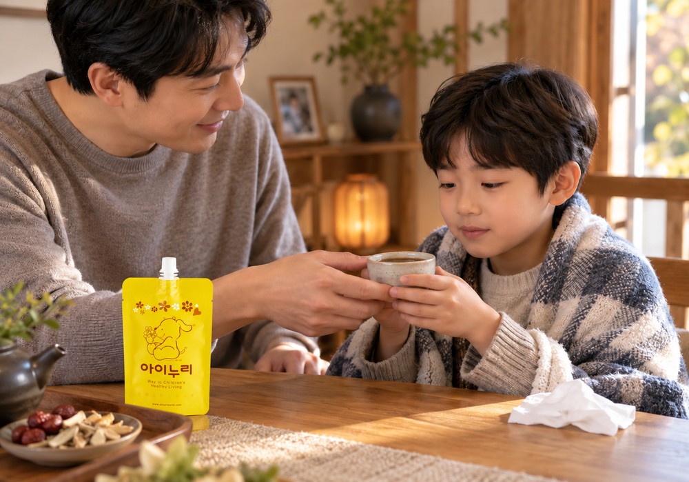 수원 축농증한약 — 코막힘과 누런 콧물로 진료받는 아이의 코 상태를 살피는 모습