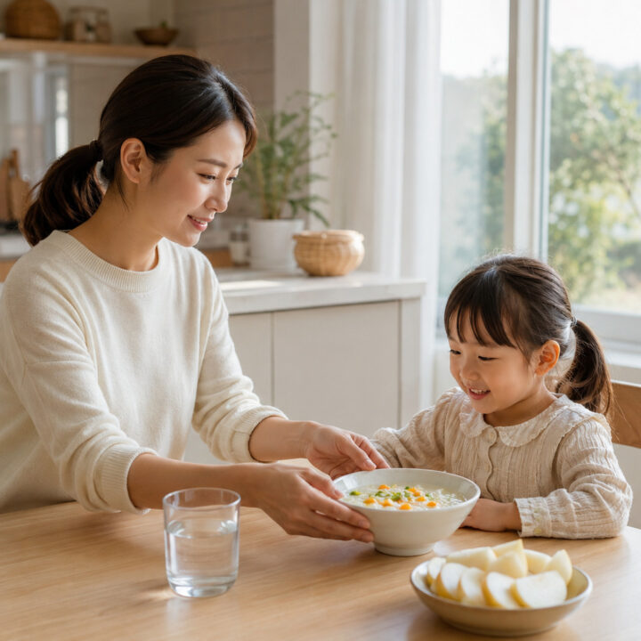 수원 변비 딱딱한 변 – 엄마가 아이에게 식사와 물을 챙겨 주는 모습
