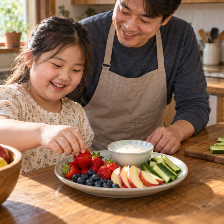 수원 아이 체중관리 – 여자아이가 아빠와 함께 과일과 오이, 요거트가 놓인 주방에서 딸기를 집는 모습