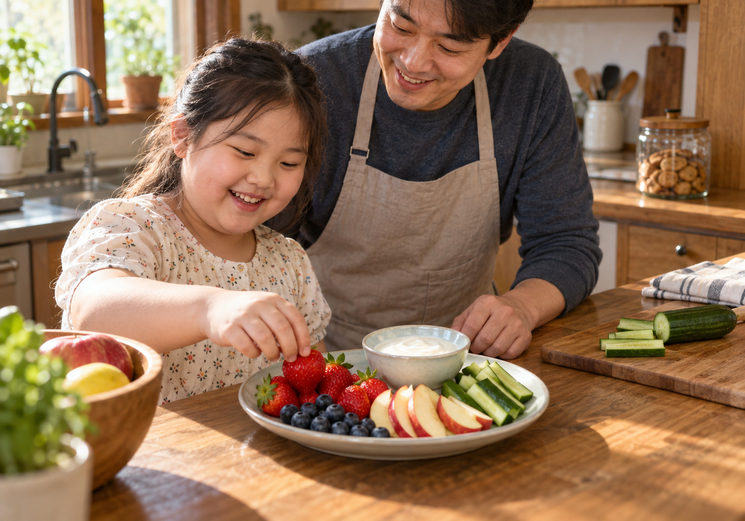 수원 아이 체중관리 – 여자아이가 아빠와 함께 과일과 오이, 요거트가 놓인 주방에서 딸기를 집는 모습