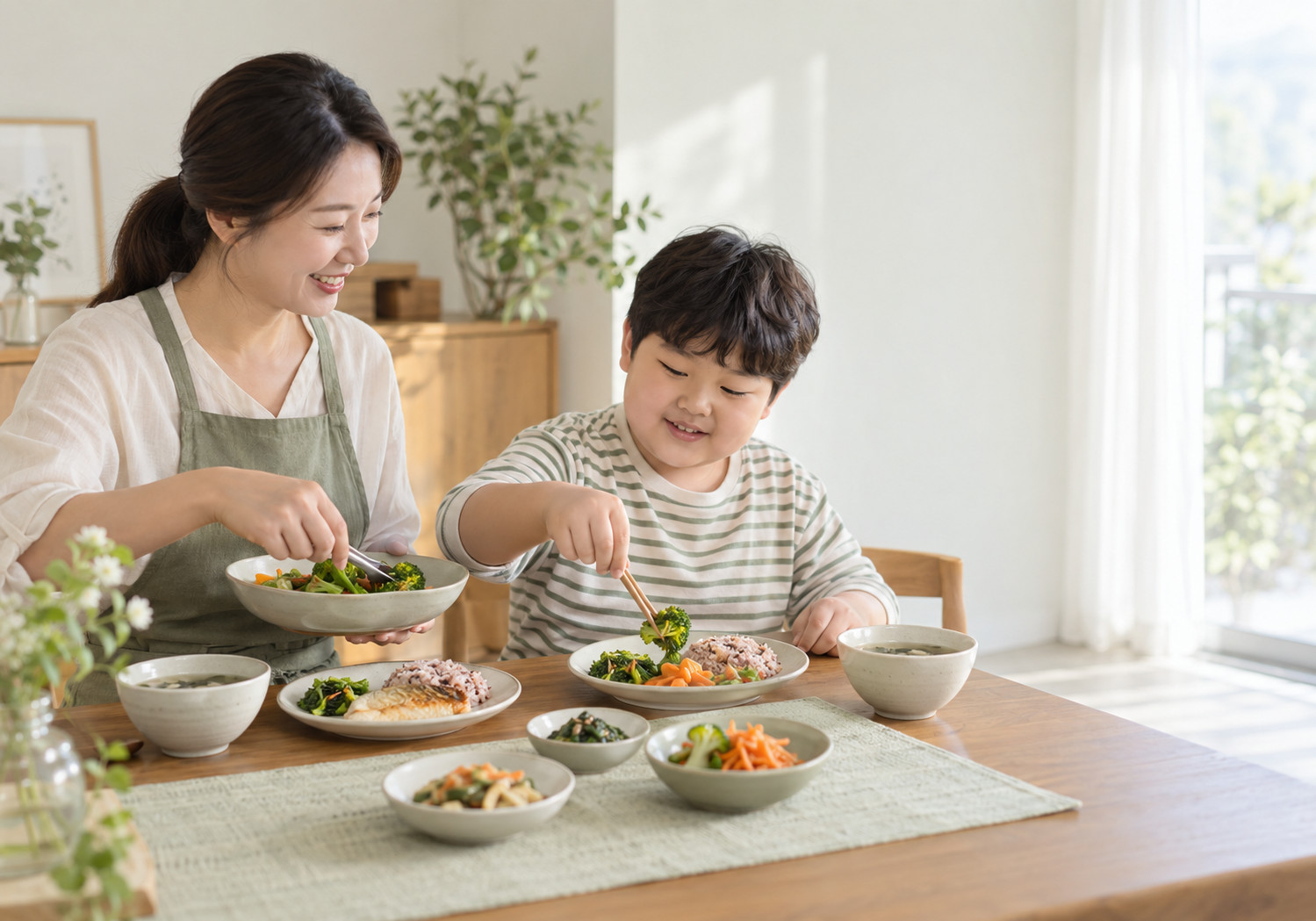 수원 아이 체중관리 – 엄마와 남자아이가 밥과 국, 생선, 채소가 놓인 식탁에서 식사하는 모습