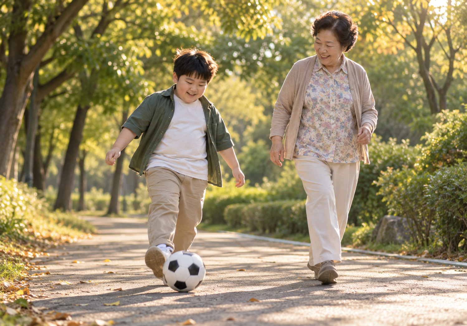 수원 아이 체중관리 – 공원 산책길에서 남자아이가 축구공을 굴리고 할머니가 옆에서 함께 걷는 모습