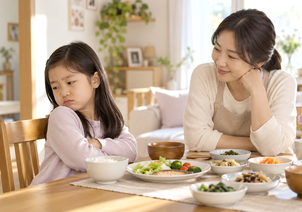 수원 편식심한아이 — 식탁에서 특정 음식만 골라 먹으려는 아이의 모습