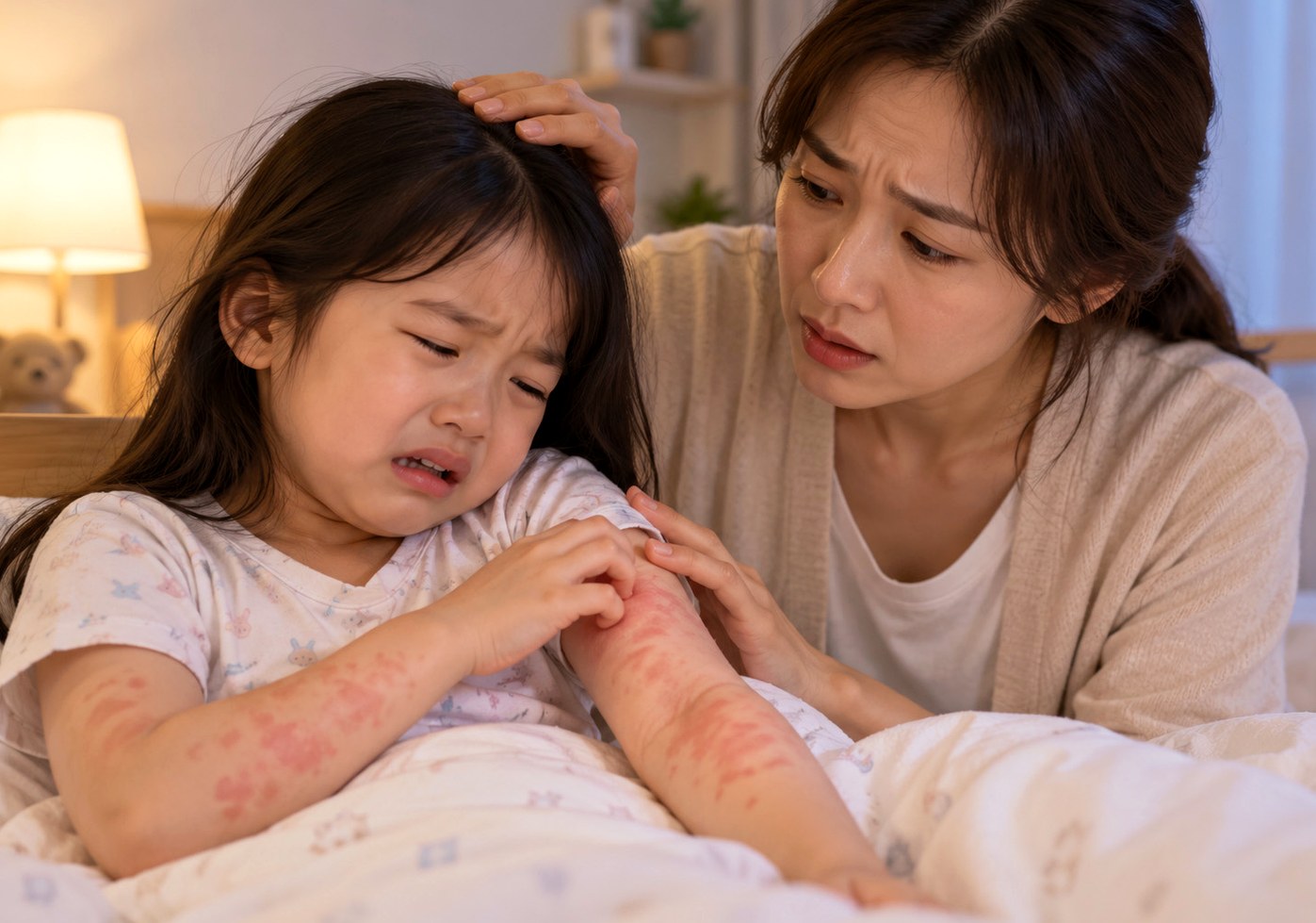 수원 두드러기 치료를 알아보며 아이의 팔을 살피는 부모