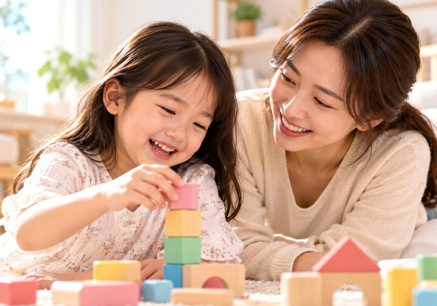 수원 두드러기 치료 중 집에서 편안하게 블록놀이를 하는 아이와 부모
