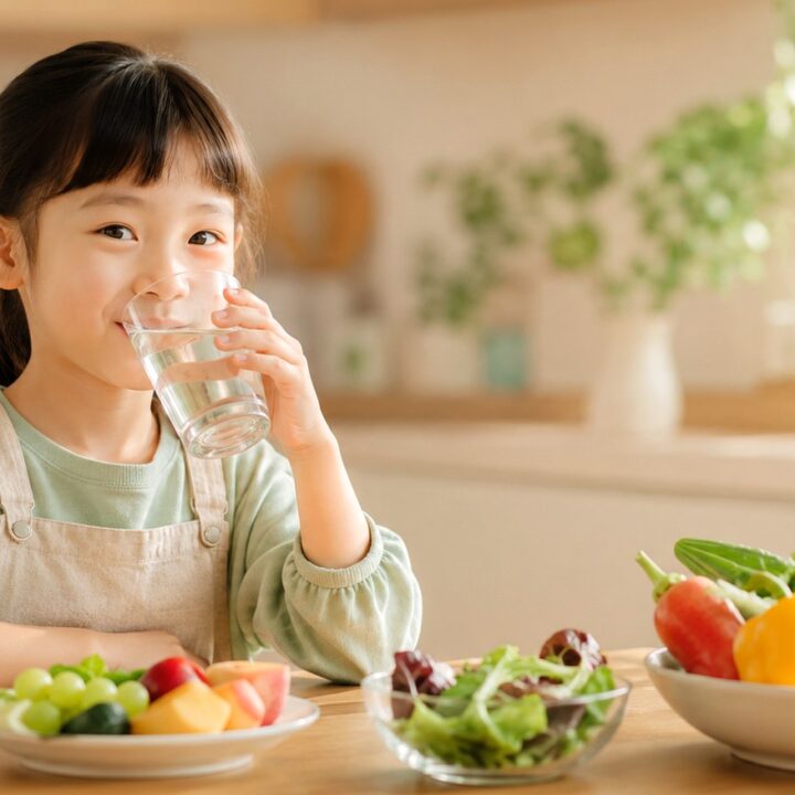 신흥 소아 변비 – 물을 마시는 아이와 채소·과일 한 상
