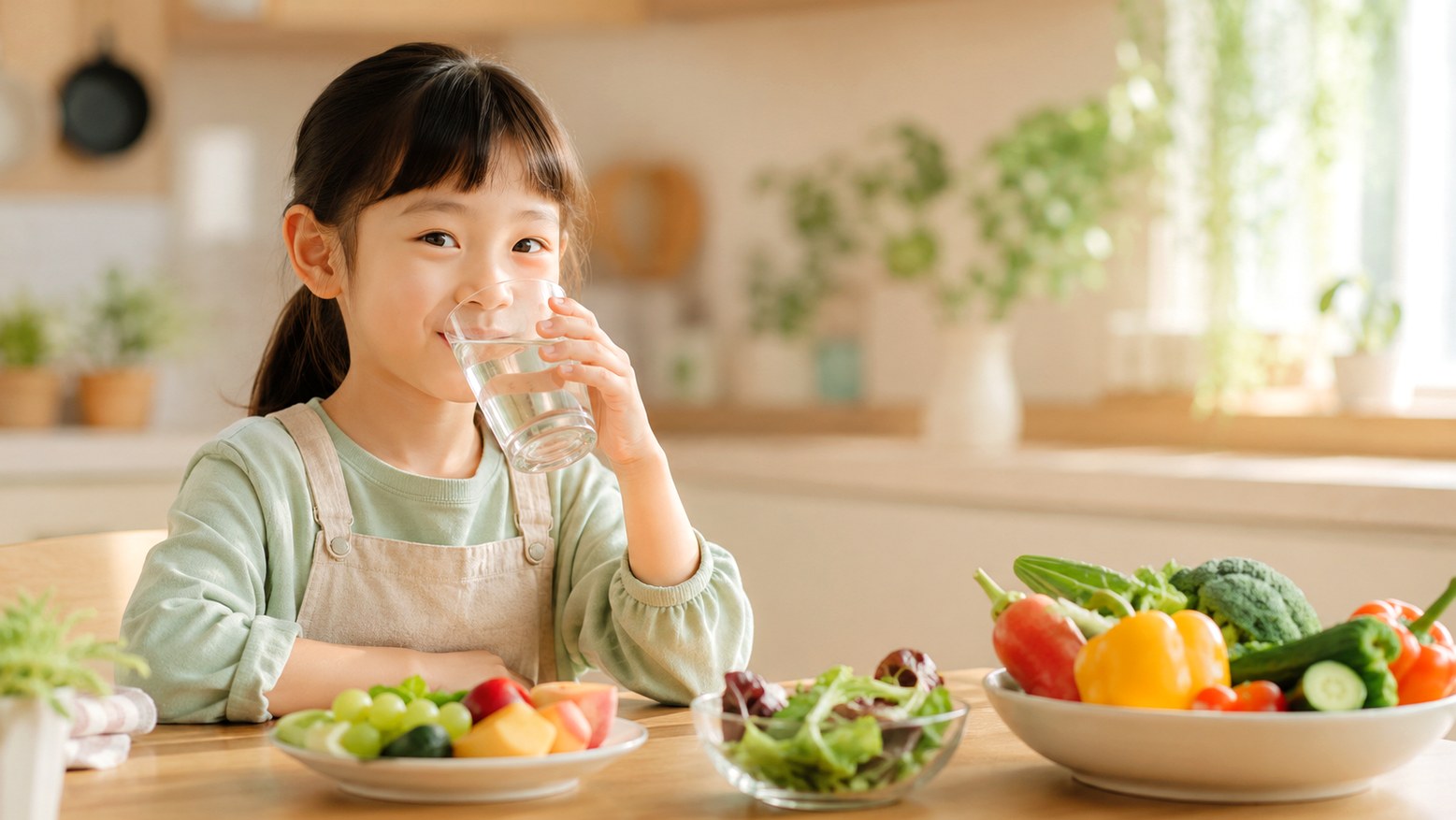 신흥 소아 변비 – 물을 마시는 아이와 채소·과일 한 상
