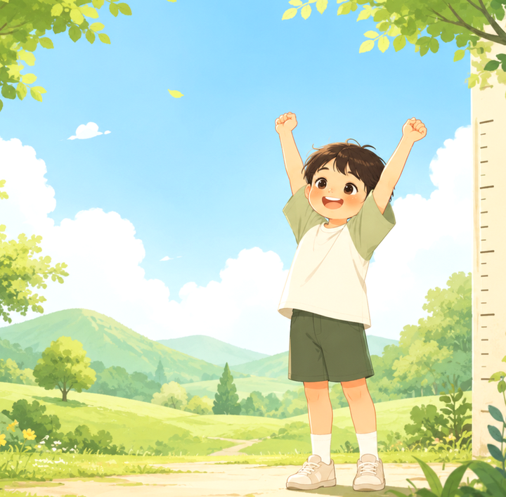 신흥 소아 성장 – 키 재기 자 옆에서 만세하는 아이