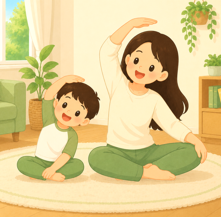 신흥 틱장애 – 엄마와 아이가 거실 매트에서 함께 스트레칭하는 모습