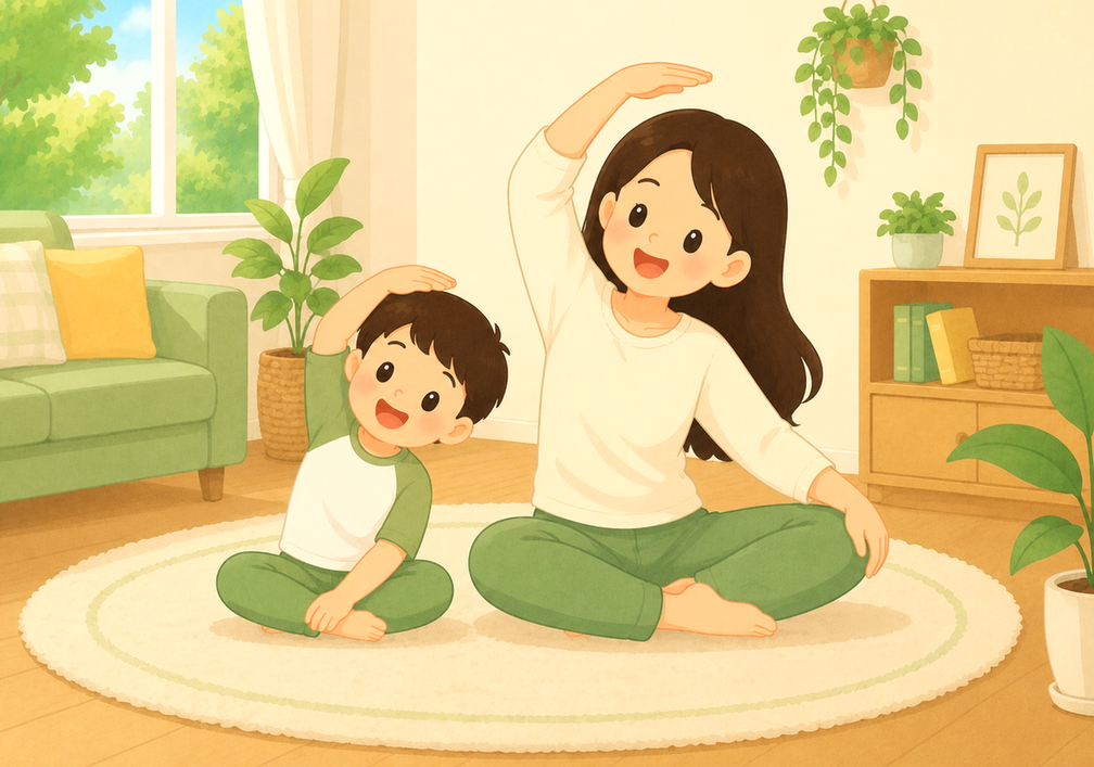 신흥 틱장애 – 엄마와 아이가 거실 매트에서 함께 스트레칭하는 모습