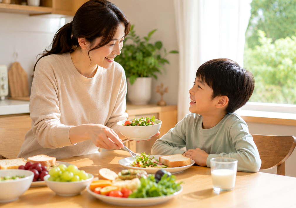 신흥 성조숙증 – 엄마가 아이에게 채소 샐러드를 건네며 아침 식사하는 모습