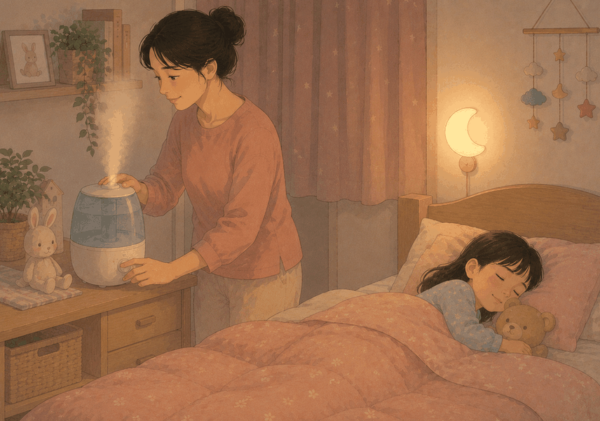 신흥 아이누리한의원 폐렴 블로그 — 밤 침실에서 가습기를 켜고 잠든 아이를 살피는 엄마