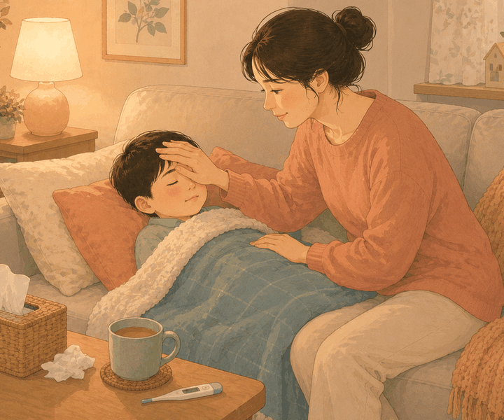 신흥 아이누리한의원 폐렴 칼럼, 소파에서 아이 이마를 짚어 열을 확인하는 엄마