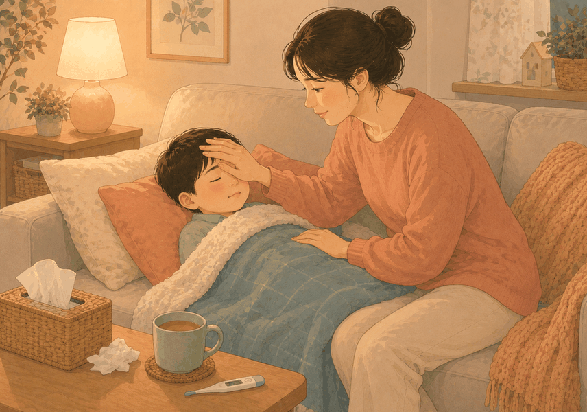 신흥 아이누리한의원 폐렴 블로그 — 소파에서 아이 이마를 짚어 열을 확인하는 엄마
