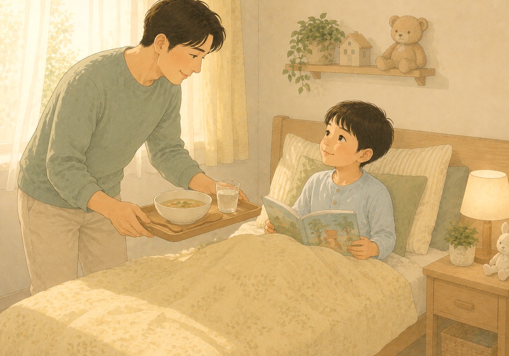 신흥 아이누리한의원 폐렴 블로그 — 침대의 아이에게 죽 쟁반을 가져다주는 아빠