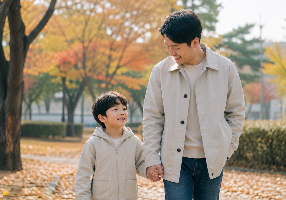 가을 낙엽이 깔린 공원에서 아빠와 손잡고 걷는 아이의 모습