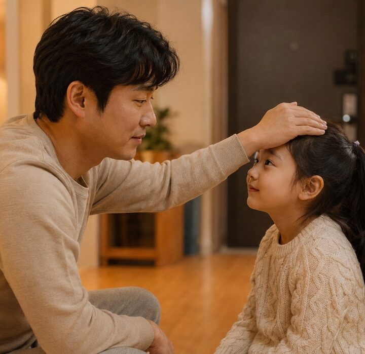 신흥 후두염, 거실에서 아이 이마를 짚어 열을 확인하는 아빠와 마주 앉은 여자아이