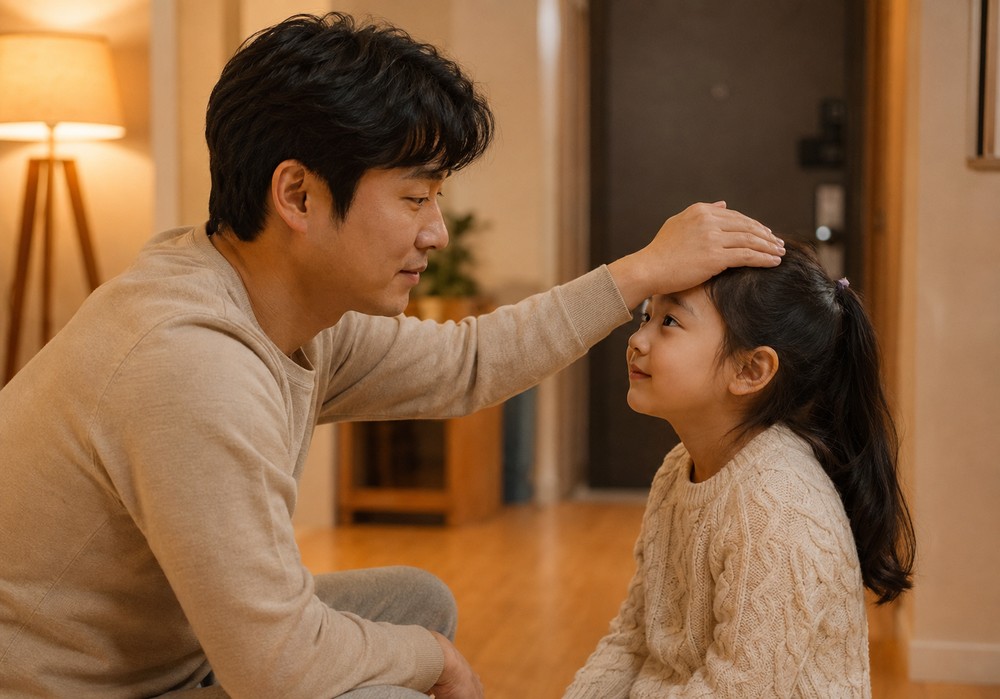 신흥 후두염 — 거실에서 아이 이마를 짚어 열을 확인하는 아빠와 아이