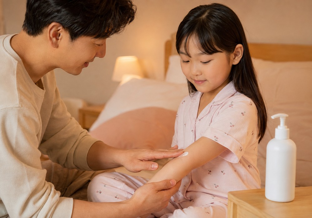 미지근한 물에 목욕 후 바로 보습제를 발라 주는 아토피 아이 관리 장면