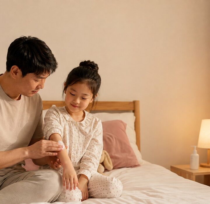 신흥 아토피 – 아빠가 여자아이의 팔에 로션을 발라주는 장면