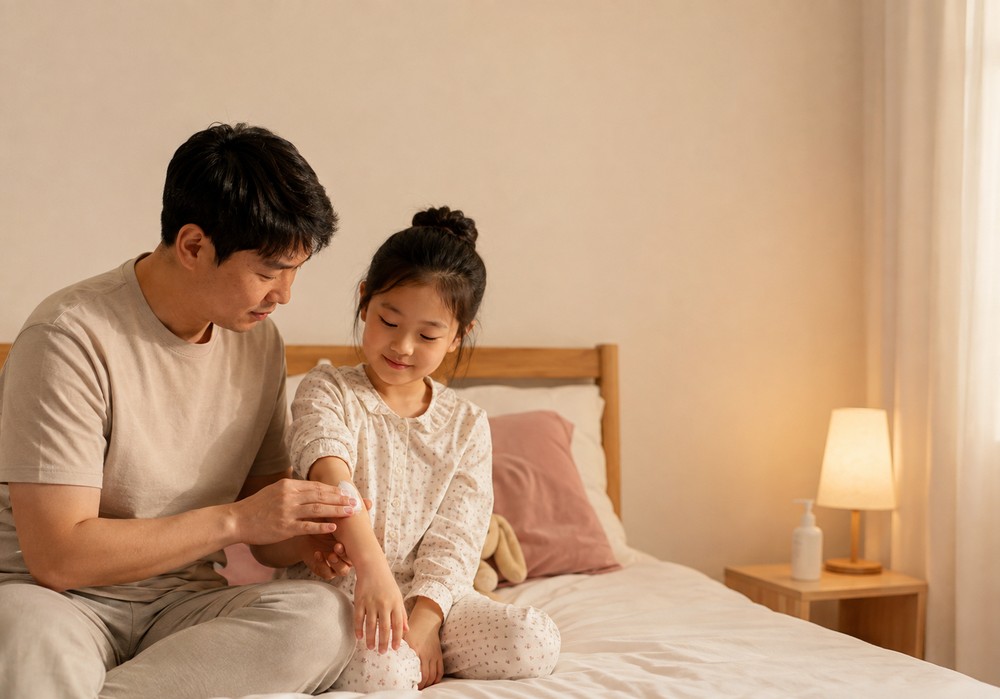 신흥 소아 아토피 — 팔 접힌 부위를 긁는 아이와 보습을 발라 주는 엄마