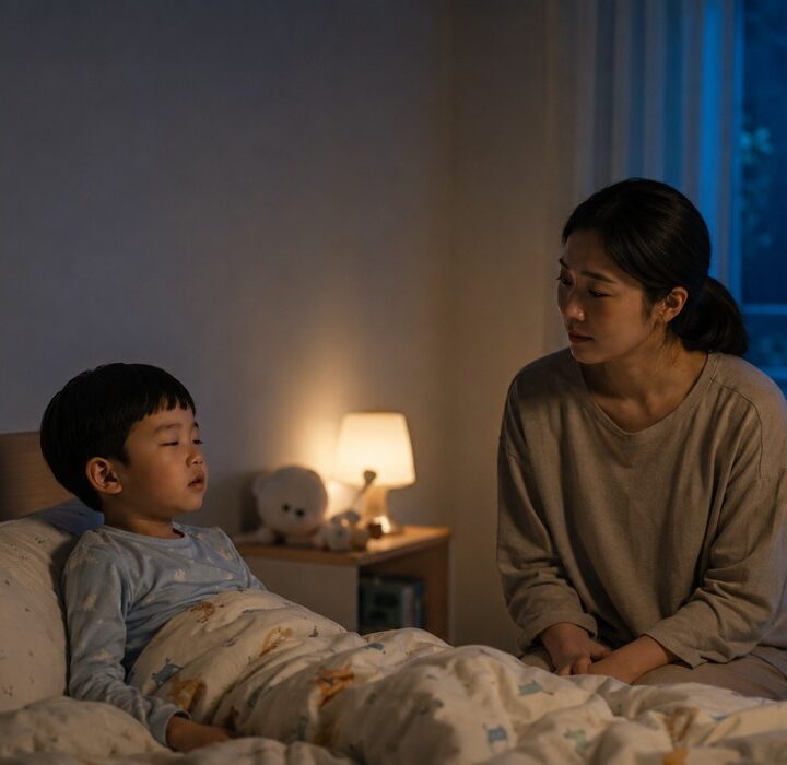 신흥 야경증 – 어두운 방 침대에서 아이를 바라보는 엄마