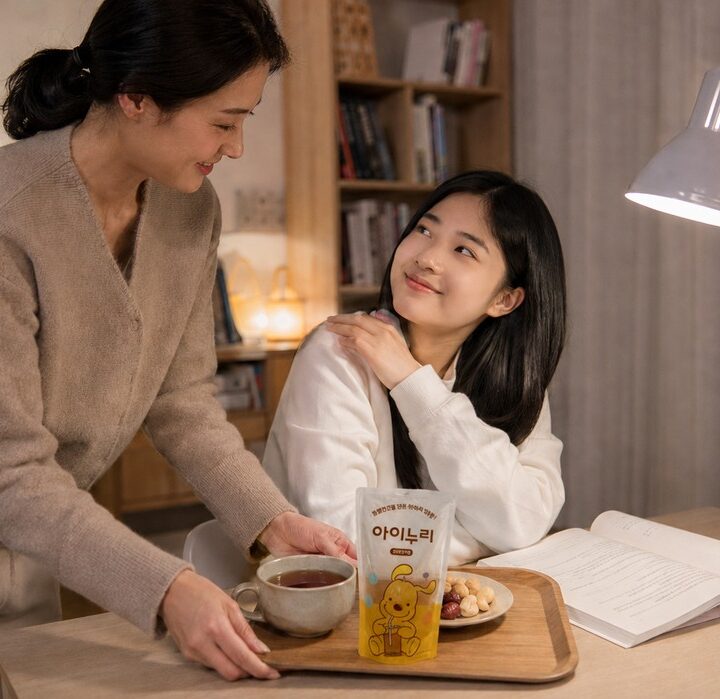 신흥 수험생 어깨 결림 – 책상에서 공부하는 딸에게 아이누리 간식 트레이를 건네는 엄마