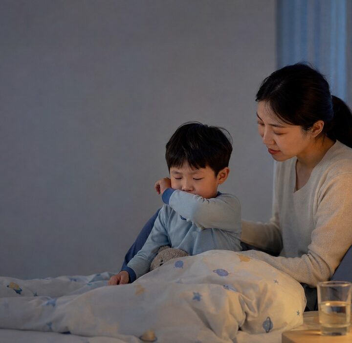 어두운 밤 침실 침대에서 하늘색 잠옷을 입은 남자아이가 팔로 입을 가리고 기침하고, 아이보리 니트를 입은 엄마가 곁에서 등을 감싸주는 모습