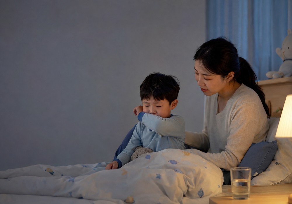 어두운 밤 침실 침대에서 하늘색 잠옷을 입은 남자아이가 팔로 입을 가리고 기침하고, 아이보리 니트를 입은 엄마가 곁에서 등을 감싸주는 모습