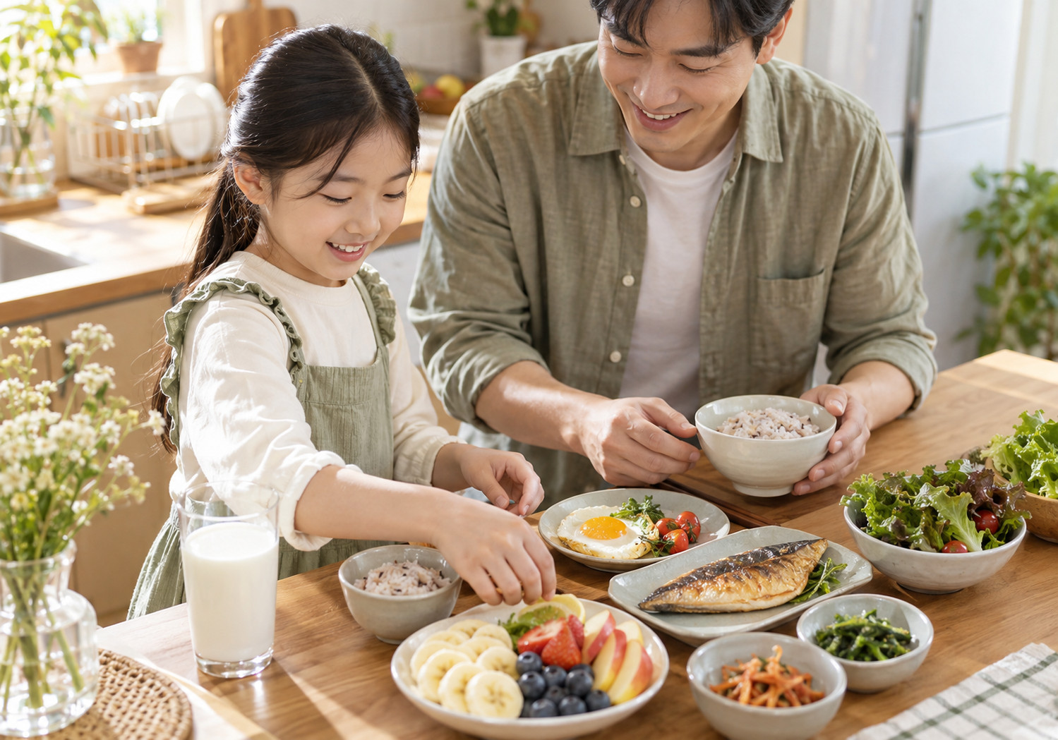 신흥 초경 전 키 성장 – 아빠와 다양한 음식을 함께 먹는 여자아이