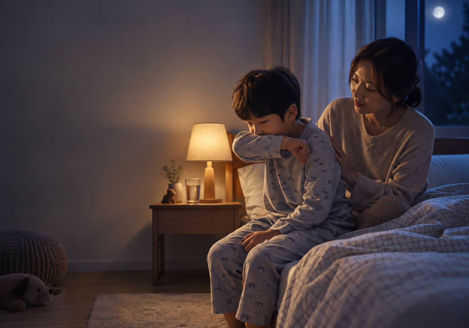 신흥 후비루 밤기침 – 밤에 침대에 앉은 남자아이가 팔꿈치 안쪽으로 입을 가리고 기침하며 엄마가 등을 짚어 주는 모습