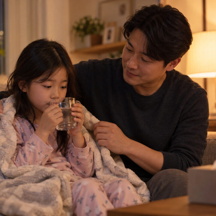 신흥 후비루 밤기침 – 저녁에 담요를 두른 여자아이가 소파에서 물을 마시고 아빠가 곁에서 돌보는 모습