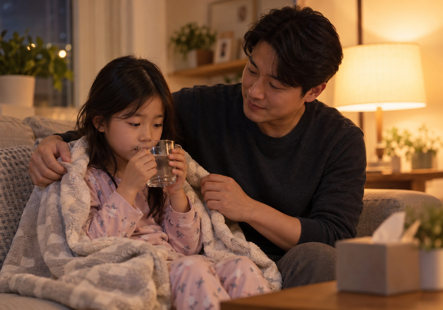신흥 후비루 밤기침 – 저녁에 담요를 두른 여자아이가 소파에서 물을 마시고 아빠가 곁에서 돌보는 모습