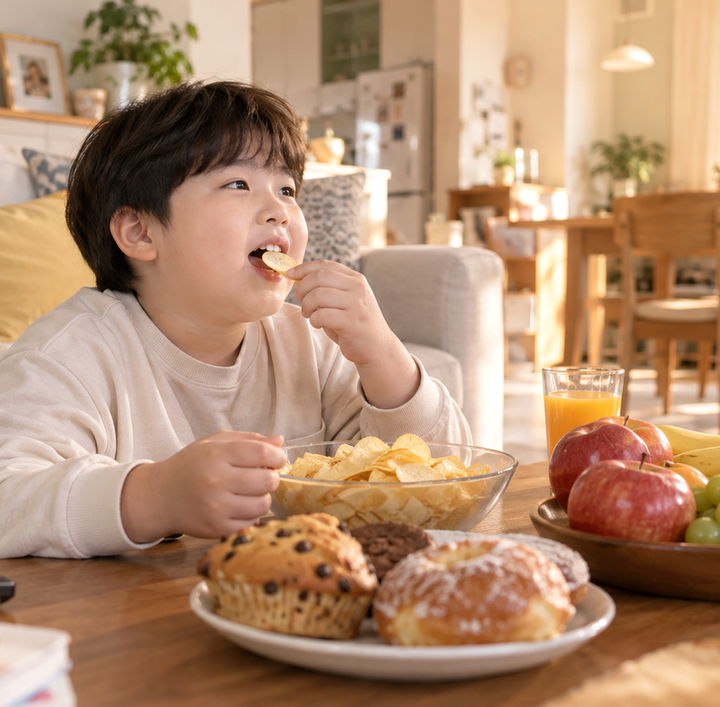 신흥 소아비만 식습관 – 간식과 식사를 앞에 둔 아이