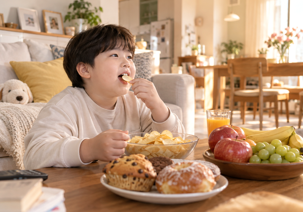 신흥 소아비만식습관 — 식탁에서 아이의 식사량과 습관을 살피는 부모의 모습
