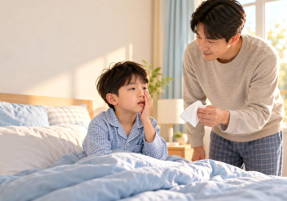 아침에 코를 훌쩍이는 아이를 살피는 아빠 — 신흥 어린이 축농증