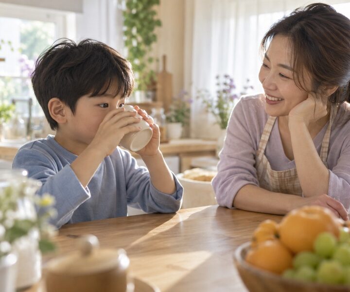 낮 시간 주방에서 물을 마시는 아이와 지켜보는 보호자